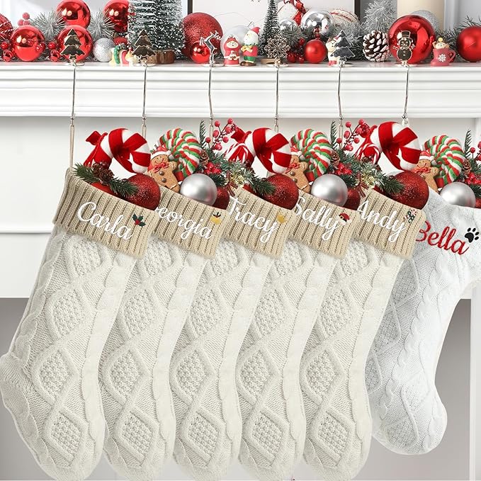 Personalized Christmas Stockings,Custom Embroidered Name+Logo Xmas Knitted Stockings 18'',Holiday and Family Stocking for Fireplace Christmas Holiday Party Decoration 1-6Pack（White Flax）