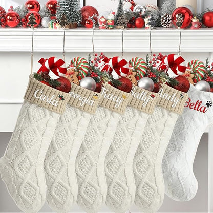 Personalized Christmas Stockings,Custom Embroidered Name+Logo Xmas Knitted Stockings 18'',Holiday and Family Stocking for Fireplace Christmas Holiday Party Decoration 1-6Pack（White Flax）