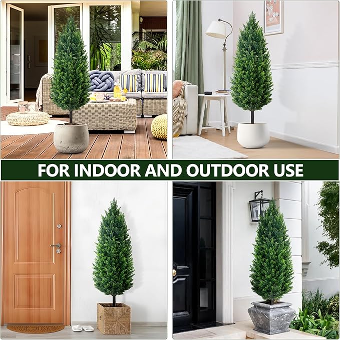 4FT Tall Artificial Cypress Plant Set of 2, Realistic Topiary Fake Plant with Spike, Artificial Cypress Topiary for Indoor &Outdoor, Home, Offices, Porch Decor