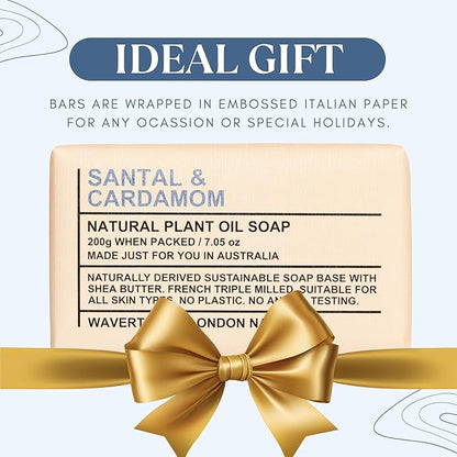 Wavertree & London Santal & Cardamon Scented 100% Natural Soap Bar, 7oz Moisturizing French Triple Milled Soap Bar for Women & Men Enriched with Organic Shea Butter, Pure Bath & Body Soap (1 Bar)