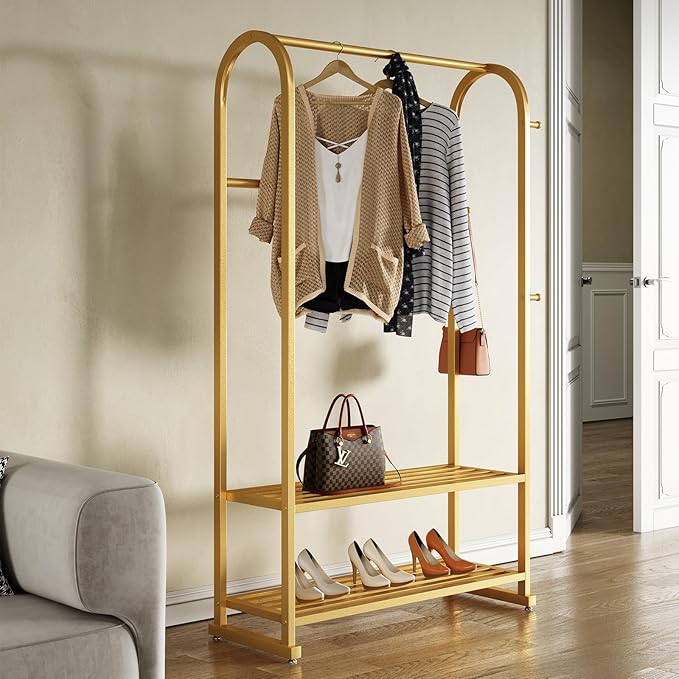 Gold clothing rack,Heavy duty clothes rack with shelves,Metal garment rack for hanging clothes,Wardrobe rack for Boutique, Retail or Home