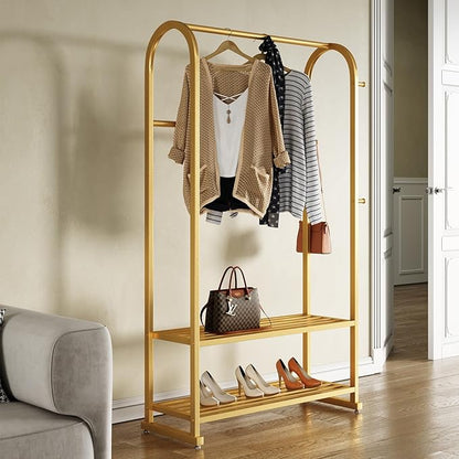 Gold clothing rack,Heavy duty clothes rack with shelves,Metal garment rack for hanging clothes,Wardrobe rack for Boutique, Retail or Home