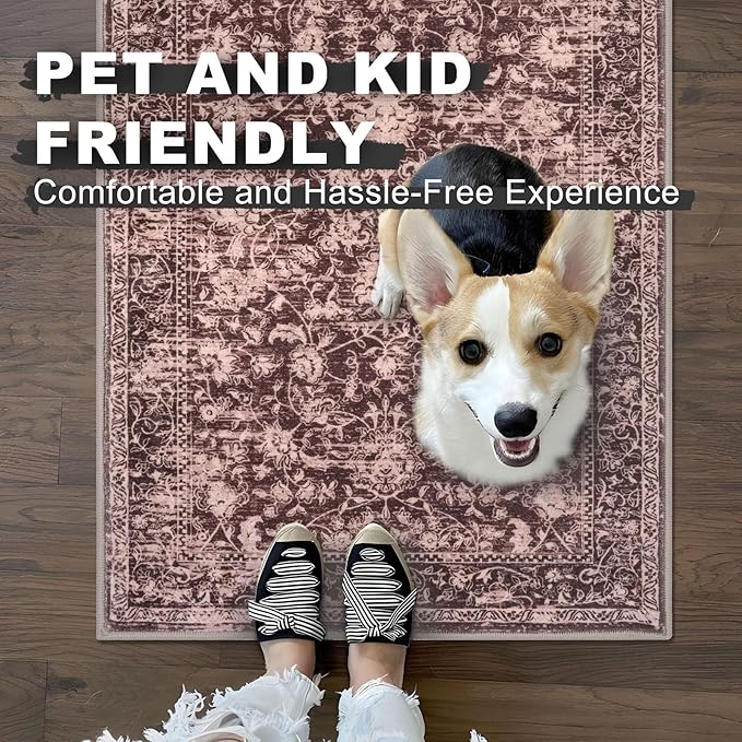 KILOCOCO Hallway Runner 2x5 Kitchen Runner Rug Printed Vintage Floral Washable Non-Slip Runners for Hallways Laundry Room Rugs Distressed Boho Rug Runners for Bedroom, Red