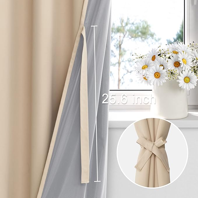 XWZO 100% Blackout Window Curtains with Tiebacks- Privacy Protection & Noise Blocking Window Draperies Grommet Top with Black Liner for Bedroom/Living Room, Biscotti Beige, W52 x L72, Set of 2 Panels