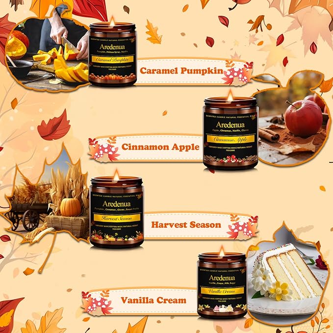 Holiday Candles Set – 4 Pack Cozy Winter Christmas Seasonal Candles Gift - Caramel Pumpkin, Cinnamon Apple, Harvest Season & Vanilla Cream, Hand-Poured Soy Candles for Christmas Cozy Winter Gifting