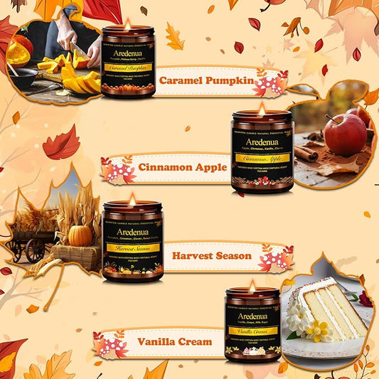 Holiday Candles Set – 4 Pack Cozy Winter Christmas Seasonal Candles Gift - Caramel Pumpkin, Cinnamon Apple, Harvest Season & Vanilla Cream, Hand-Poured Soy Candles for Christmas Cozy Winter Gifting