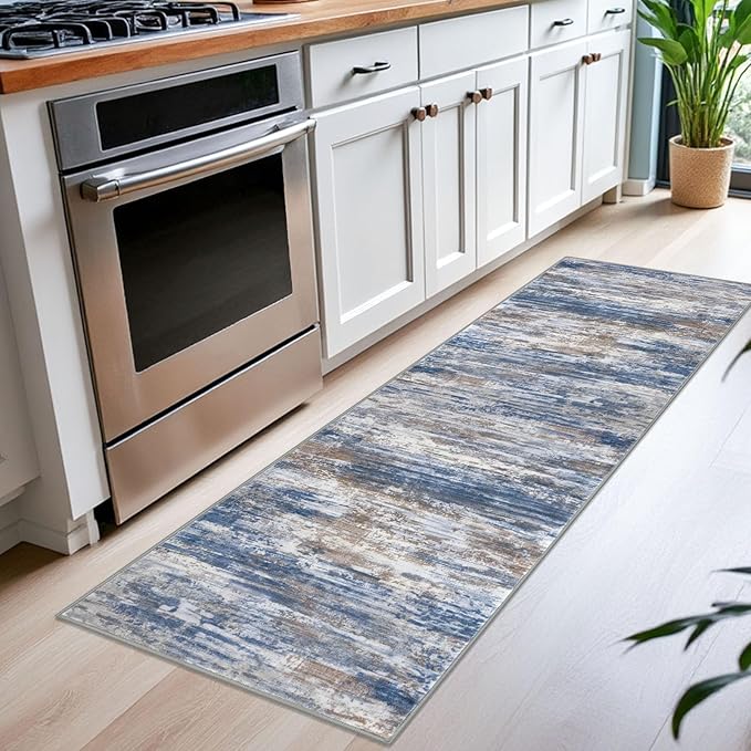 KOZYFLY Modern Abstract Runner Rugs 2x6 Blue Rust Machine Washable Area Rug for Bedroom Non-Slip Living Room Rug, Faux Wool Soft Low Pile Office Carpet for Dining Room, Bedroom, Kitchen Bathroom