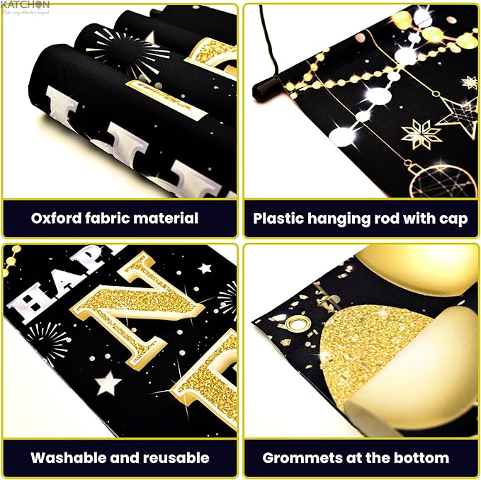 KatchOn XtraLarge 2026 Happy New Year Banner – 72x12 Inch | Black and Gold Happy New Year Door Banner for New Years Decorations 2026 | Porch Banner for New Years Eve Party Supplies 2026 | NYE Decor