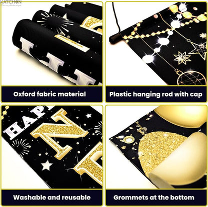 KatchOn XtraLarge 2026 Happy New Year Banner – 72x12 Inch | Black and Gold Happy New Year Door Banner for New Years Decorations 2026 | Porch Banner for New Years Eve Party Supplies 2026 | NYE Decor