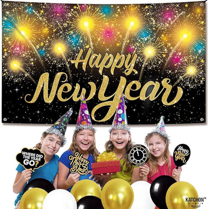 KatchOn, XtraLarge Happy New Year Banner - 72x44 Inch | Happy New Year Backdrop for New Years Decorations 2026 | NYE Eve Banner for NYE Decorations 2026 | New Years Eve Party Supplies 2026