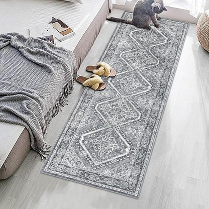 KUTA Oriental Washable Runner Rug, 2x5 Runners Non-Slip Vintage Grey 5ft Hallway Kitchen Rugs Ultra Soft Printed Distressed Tribal Farmhouse Carpet for Bedroom Entryway Decor