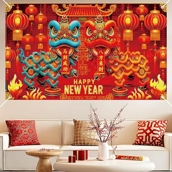Chinese New Year Decorations 2026, 71x43 Inch Year of The Horse 2026 Banners Backdrops Party Decoration, Lunar New Year Backdrop Chinoiserie Decor for Spring Festival