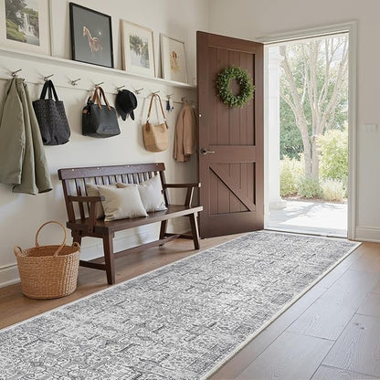 Hallway Washable Runner Rug 2x12 - Non Slip Vintage Kitchen Runner Rugs for Entryway Low-Pile Waterproof Long Runners for Living Room Bedroom Medallion Indoor Floor Mat for Bathroom Laundry Grey