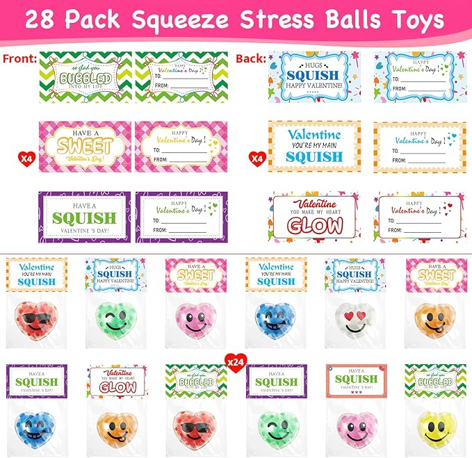 28 Pack Valentines Day Gifts for Kids ,Squishy Stress Balls Toys with Valentine Cards Classroom Prizes Exchange Gifts Prizes Valentine Party Favors Valentines Day Gifts for Kids Boy Girl