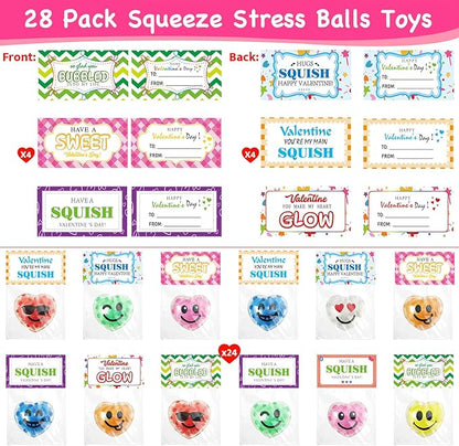 28 Pack Valentines Day Gifts for Kids ,Squishy Stress Balls Toys with Valentine Cards Classroom Prizes Exchange Gifts Prizes Valentine Party Favors Valentines Day Gifts for Kids Boy Girl