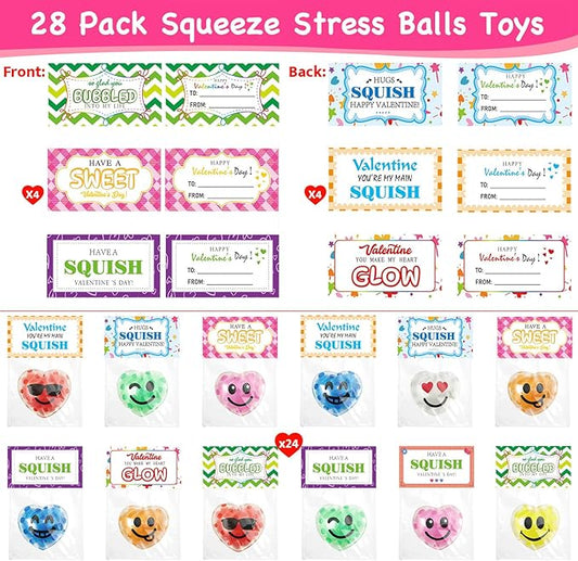 28 Pack Valentines Day Gifts for Kids ,Squishy Stress Balls Toys with Valentine Cards Classroom Prizes Exchange Gifts Prizes Valentine Party Favors Valentines Day Gifts for Kids Boy Girl