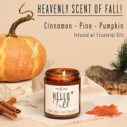 Fall Candles - 'Hello Fall Scented Candle' w/Cinnamon, Pumpkin & Fir I Infused with Essential Oils Autumn Scented Soy Candles for Home Décor, 9oz Reusable Jar, 50Hr Burn, Made in USA