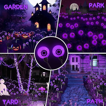 4 Pack Halloween Decorations Outdoor Waterproof, 24 LED Purple Solar Eyeball Lights, Swaying Firefly Light (Slow Glow or Steady on), for Garden Grave Yard Lawn Haunted House Decor