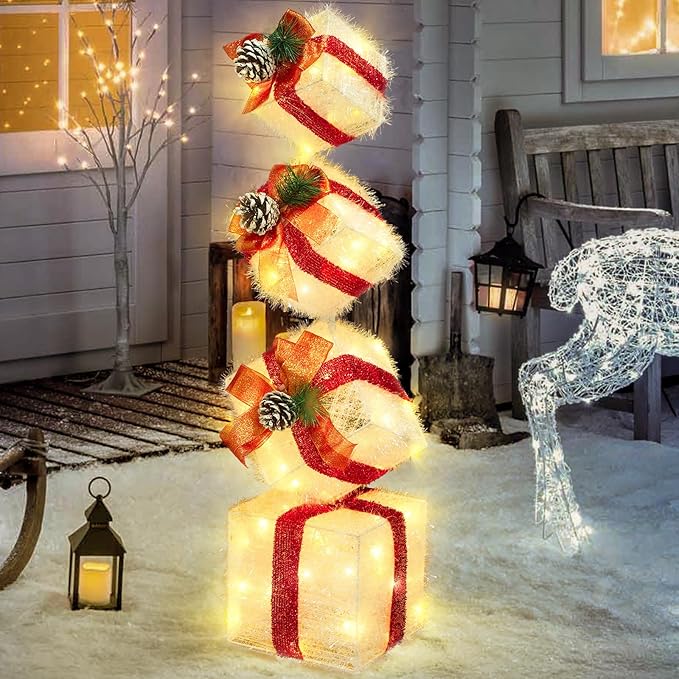 Christmas Lighted Gift Boxes Decorations Set of 4, 3.6Ft Stackable Christmas Nesting Boxes Battery Operated for Home and Party Decoration (10"-8"-6"-5", Red Bow)