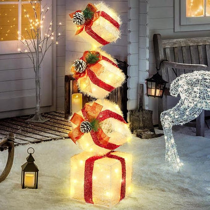 Christmas Lighted Gift Boxes Decorations Set of 4, 3.6Ft Stackable Christmas Nesting Boxes Battery Operated for Home and Party Decoration (10"-8"-6"-5", Red Bow)