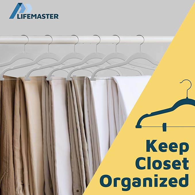 Velvet Skirt Hangers – with Adjustable Clips, 360 Degree Swivel Hook, and Non-Slip Shoulder Notch, Holds Up to 10 lbs, for Organizing Skirt, Pants, Dress, and Clothes, Pack of 50, White