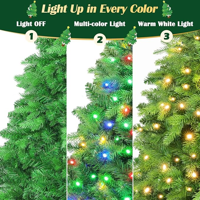 GGOYING 9FT Pre-Lit Flocked Christmas Tree with Rotating Stand & Remote, Green Dense Branches, Realistic Holiday Decorations, LED Lights (RGB + Warm White)