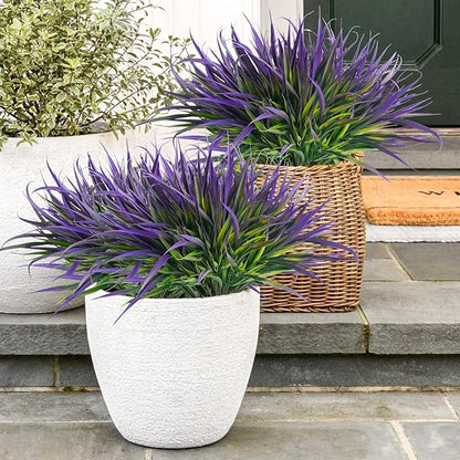 Uieke 12 Bundles Artificial Outdoor Plants UV Resistant Fake Grass Plants Faux Plastic Plants Greenery Shrubs for Home Garden Pathway Window Box Front Porch Cemetery Spring Summer Decor, Purple