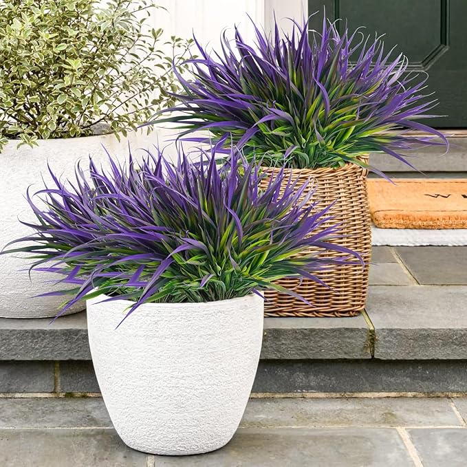 Uieke 6 Bundles Artificial Outdoor Plants UV Resistant Fake Grass Plants Faux Plastic Plants Greenery Shrubs for Home Garden Pathway Window Box Front Porch Spring Summer Decor, Purple