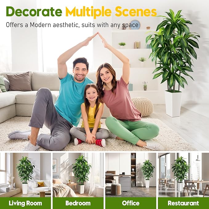 Artificial Dracaena Tree Indoor, 6FT Tall Fake Tree with White Tall Planter, Artificial Trees Fake Yucca Potted Tree for Home Office Living Room Decor, Tall Artificial Plant for Housewarming