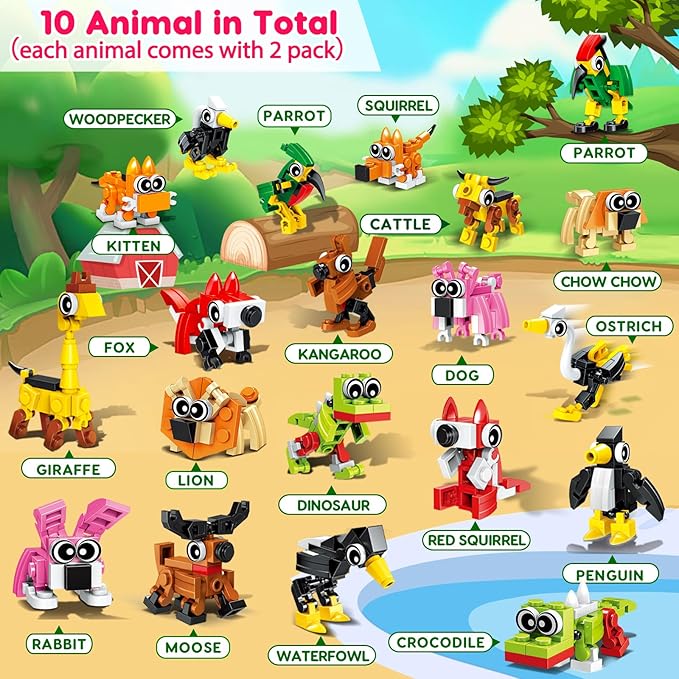 20pcs Animal Mini Building Blocks Valentine Party Favor for Kids Return Gifts Birthday Goodie Bag Stuffer Class Prize Box Toys Small Bulk Pinata Filler End of School Year Gift Boy Girl 4-8 8-12