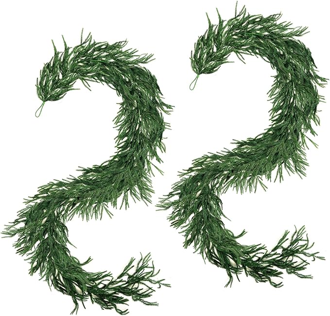 Christmas Norfolk Pine Garland, 2PCS 6Ft Real Touch Artificial Pine Greenery Christmas Garlands for Table Fireplace Wall Home Indoor Outdoor Decoration