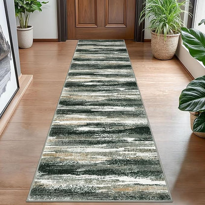 Modern Abstract Hallway Runner Rug, Forest Green Washable Kitchen Runner Non-Slip Soft 2x8 Runner Rug Thin Print Faux Wool Carpet for Entryway Bedroom Laundry Room Indoor