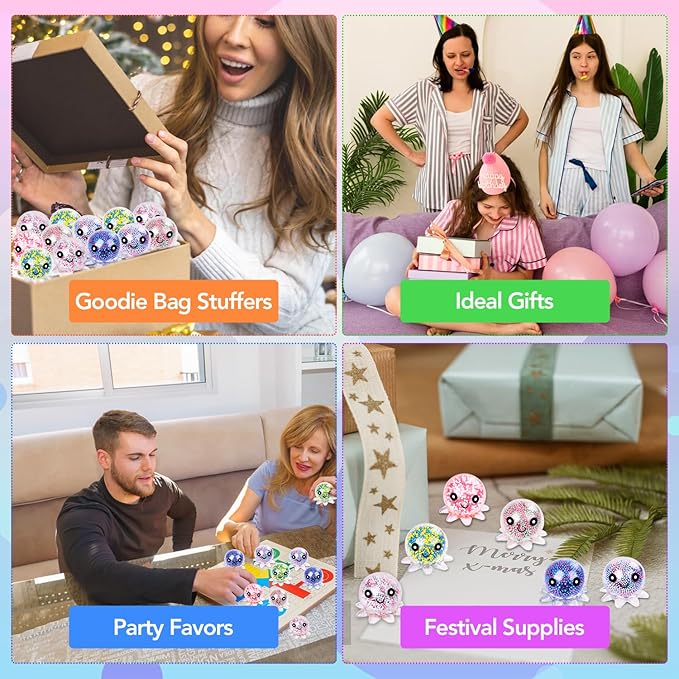 12 Pack Fidget Stress Balls for Adults, Cute Octopus Stress Relief Stress Ball, Bulk Squishy Squeeze Ball Set and Birthday Party Favors