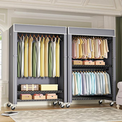 Black Clothing Rack with Grey Cover, P1C Plus Rolling Closets with Wheels, Metal Garment Rack for Hanging Clothes, Clothing Storage Wardrobe, 46" W x 18.5" D x 80.7" H, Load 524 Pounds