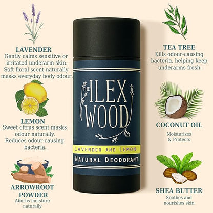 The Ilex Wood Natural Deodorant - 2.4fl oz. Handmade, Aluminum Salt Free, Plastic Free, Cruelty and Alcohol Free, Vegan, Eco Friendly Cardboard Tube – Lavender and Lemon (Fresh and Floral)