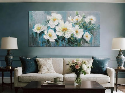 Ardemy White Floral Canvas Wall Art Large Teal Textured Pictures Wall Decor Turquoise Paintings Artwork for Living Room Bedroom Home Office, 40"x20"