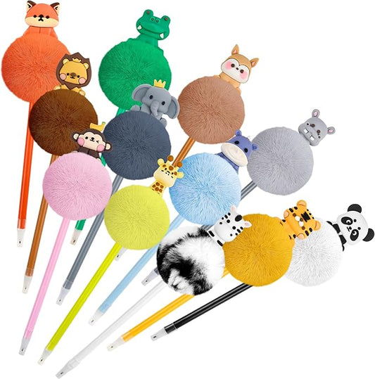12 Pcs Pom Pom Pens with 3D Animals Fluffy Pen Cute Fun Kawaii Pens for Girl Colorful 3D Animals Shape Pompom Pen for Classroom Prizes Office Supplies