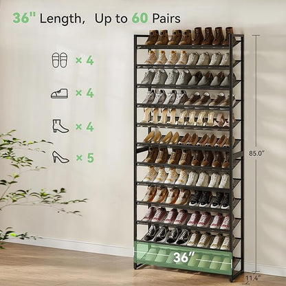 Shoe Rack,12 Tier Metal Shoe Organizer,Max Holds 60 Pairs,Heavy Duty Shoes Shelf for Garage, Entryway, Closet,Black
