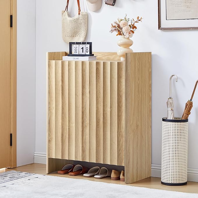 Fluted Shoe Cabinet, 5-Tier Shoe Storage Cabinet with Doors,Freestanding Hidden Shoe Cabinet Organizer, Narrow Shoes Storage Rack for Entryway (Natural)
