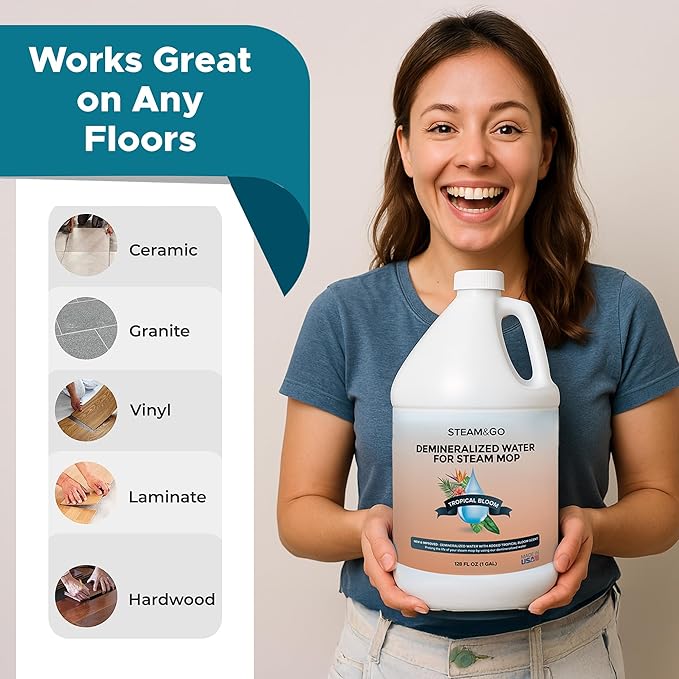 Steam & Go Demineralized Water Cleaning Solution for Floor & Multi-Surface Steam Cleaners - Compatible for All Steam Mops - Tropical Bloom Scent, 128 oz