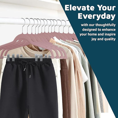 Velvet Pants Hangers – with Adjustable Clips, 360 Degree Swivel Hook, and Non-Slip Shoulder Notch, Holds Up to 10 lbs, for Organizing Skirt, Pants, Dress, and Clothes, Pack of 10, Pink