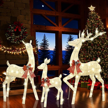 Lulu Home Set of 3 Pre-lit White Reindeer with 210 LEDs Warm White Lights, 3D Light Up Glittered Standing Reindeer Family for Xmas Lighted Holiday Display Indoor Outdoor