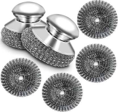 2 Pack Stainless Steel Wool Scrubber with Handle, 4 Replacement Steel Scrubber Wool Pads, Scrubbing Scouring Brush Pads for Cleaning Dishes, Stoves, Kitchen Pots, Pans