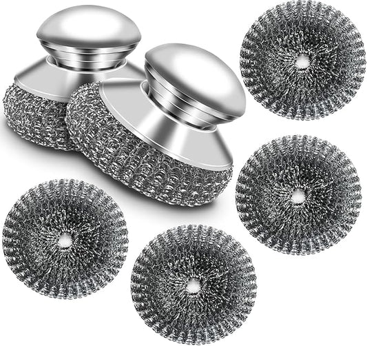 2 Pack Stainless Steel Wool Scrubber with Handle, 4 Replacement Steel Scrubber Wool Pads, Scrubbing Scouring Brush Pads for Cleaning Dishes, Stoves, Kitchen Pots, Pans