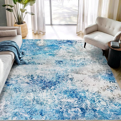 6x9 Area Rugs Living Room Rug - Washable Neutral Modern Abstract Large No Slip Soft Thin Rug Indoor Floor Carpet for Bedroom Under Dining Table Home Office Nursery Room - Blue White