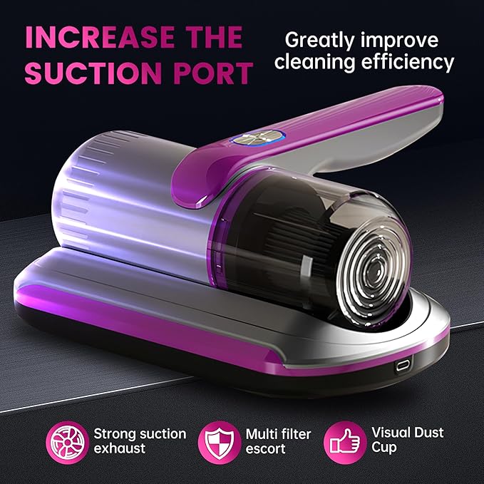 Mattress Vacuum Cleaner, Wireless Handheld Bed Vacuum Cleaner with UV-C Light, HEPA Filter and Ultrasonic Vibration, 12KPa, Suitable for Beds, Sofas, Car Seats, Carpets (Purple;)