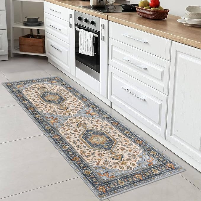 KUTA Runners for Hallways 2x6 Ivory Blue, Vintage Floral Kitchen Rugs Non-Slip Washable Runner Ultra Soft Printed Retro Flower Carpet Entryway Rug for Bedroom Laundry Nursery Entryways