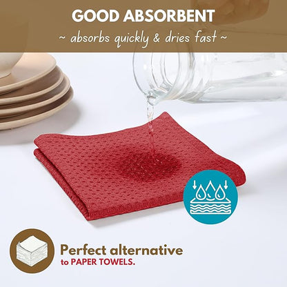 Native Fab Waffle Weave Dish Towels 12 Pack, 100% Cotton Kitchen Dishcloths with Hanging Loop, 16x26 Inches, Super Absorbent, Quick Dry for Kitchen Cleaning, Drying Dishes, Red