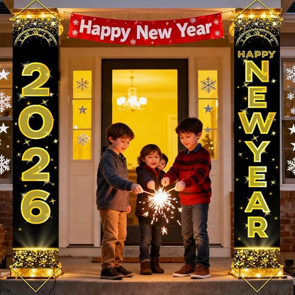 Upgraded, Ideal New Years Eve Party Supplies 2026, 300D Premium New Year Banner 2026, Large 71x12in (with 2pcs Golden hanging rod) Classic Design, HQ Fabric, HD Printing, Perfect for NYE Decorations