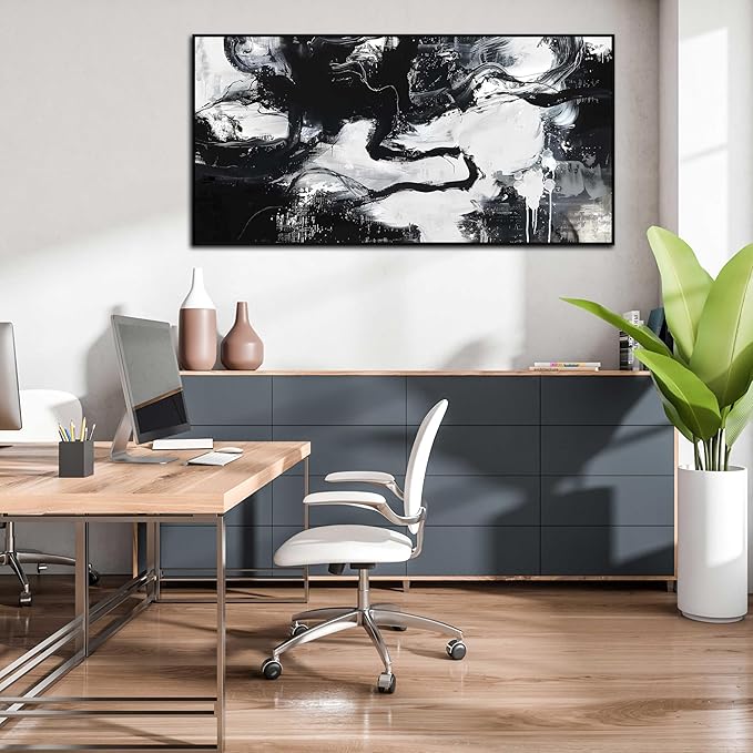 Large Black and White Abstract Canvas Wall Art With Black Wood Frames for Living Room Bedroom Home Office Modern Canvas Prints Framed Canvas Wall Art Size 30x60